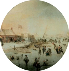 Winterlandschaft mit Schlittschuhläufern und Menschen, die Kolf spielen